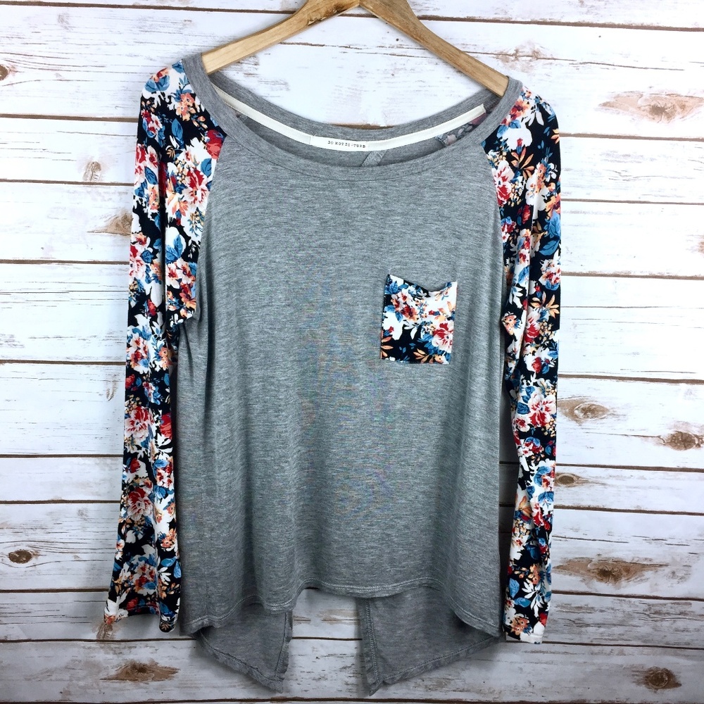Gray Long Sleeve Floral Open Back Top